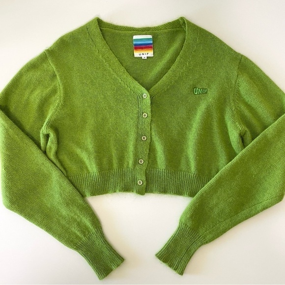 UNIF Liv Cropped Cardigan V Neck Button Front Alpaca Blend Sweater Green XS - Picture 12 of 16